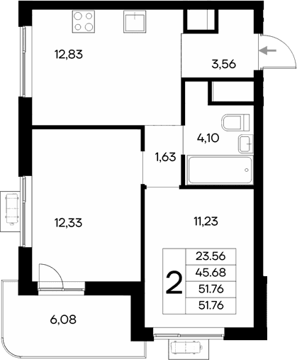 2-комн., 45.68 м²