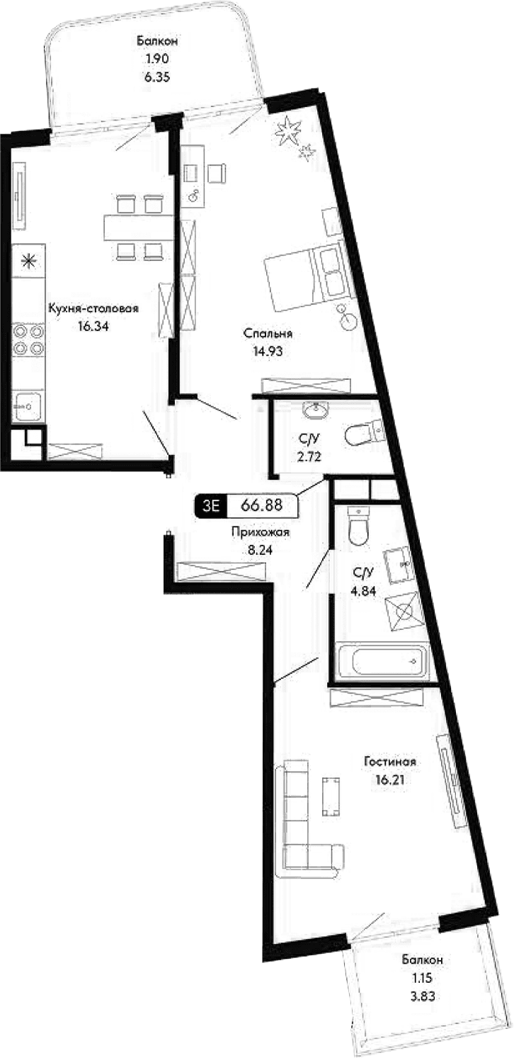 3-комн., 63.83 м²