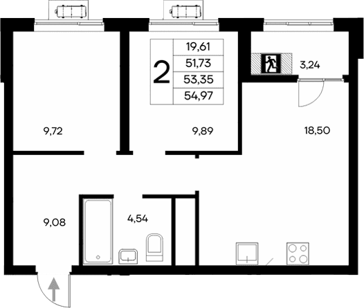 2-комн., 51.73 м²
