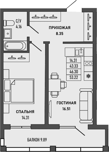 1-комн., 43.33 м²