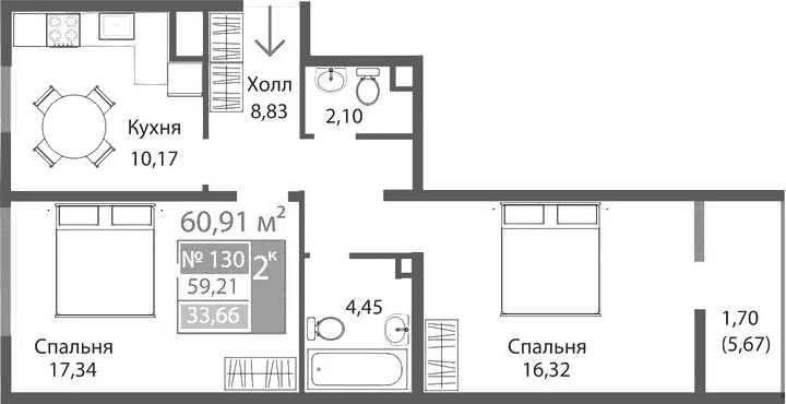2-комн., 59.21 м²