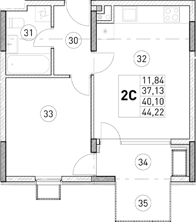 1-комн., 37.13 м²