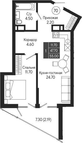 1-комн., 47.7 м²