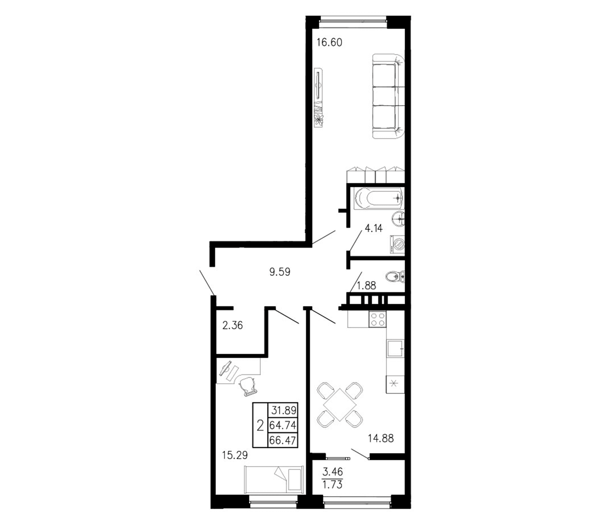 2-комн., 64.74 м²