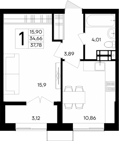 1-комн., 34.66 м²