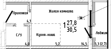 Студия, 27.8 м²
