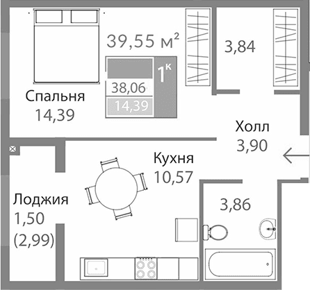 1-комн., 36.56 м²