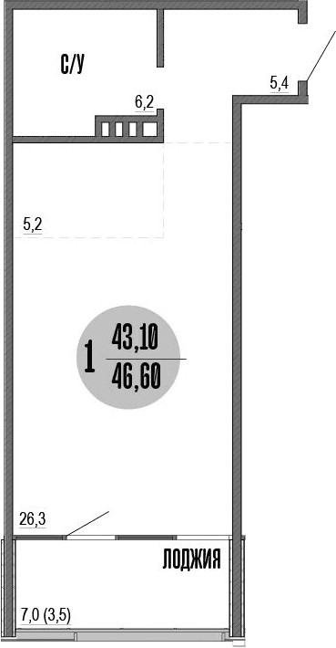 Студия, 43.4 м²