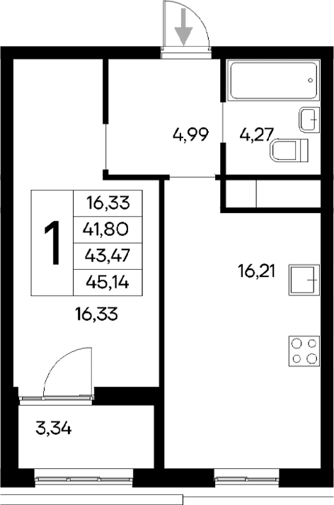 1-комн., 41.8 м²