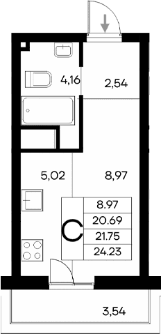 Студия, 20.69 м²