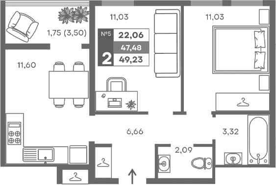 2-комн., 45.73 м²