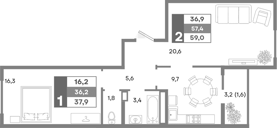 2-комн., 57.4 м²