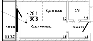 Студия, 28.1 м²
