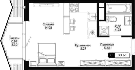 Студия, 29.29 м²