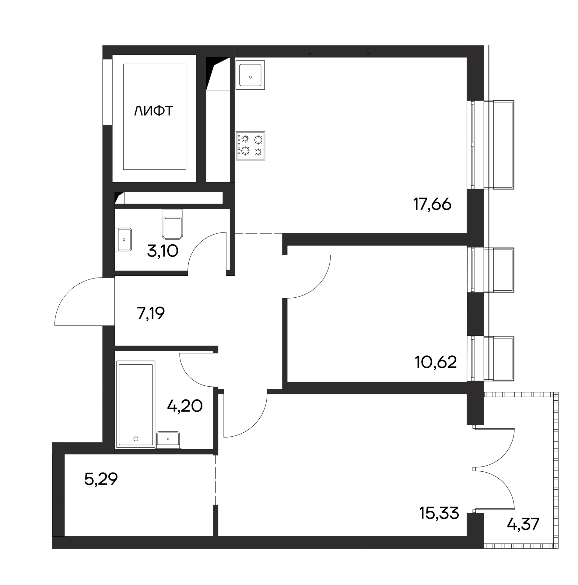 2-комн., 63.39 м²