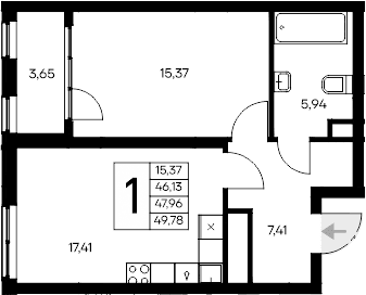 1-комн., 46.13 м²