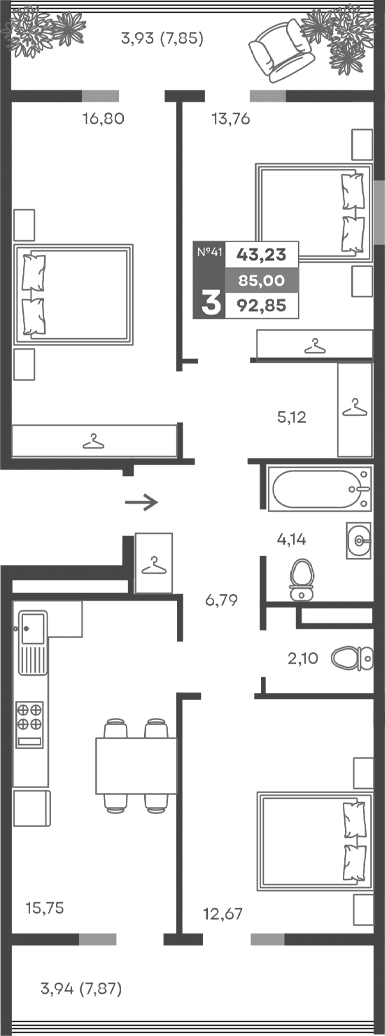 3-комн., 77.13 м²