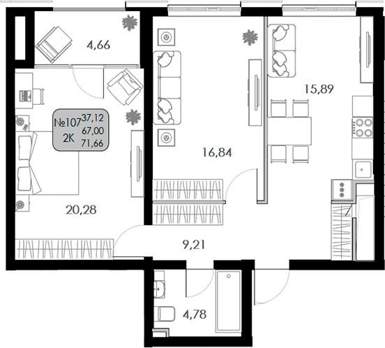 2-комн., 67 м²