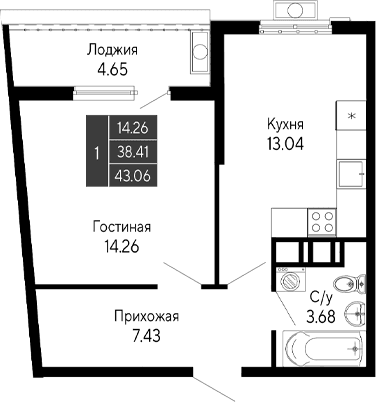 1-комн., 38.41 м²