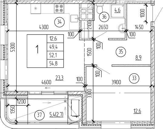 1-комн., 49.4 м²