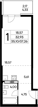 Студия, 35.09 м²