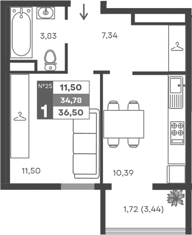 1-комн., 33.06 м²
