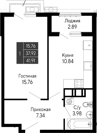 1-комн., 37.92 м²