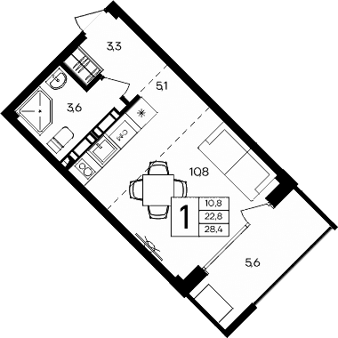 Студия, 22.8 м²