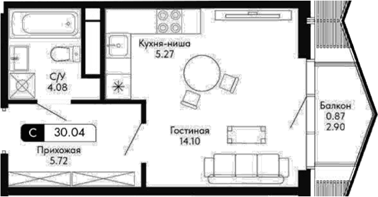 Студия, 29.17 м²