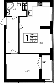 1-комн., 45.79 м²