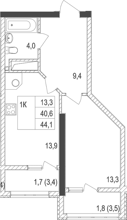 1-комн., 40.6 м²