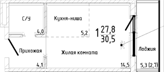 Студия, 27.8 м²