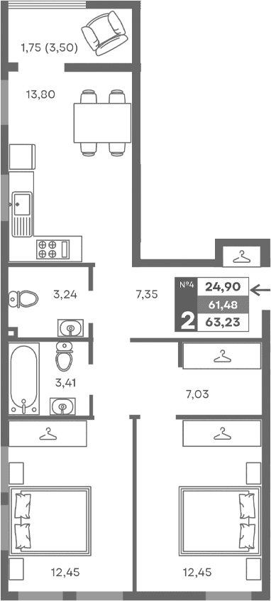 2-комн., 59.73 м²