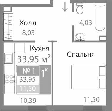 1-комн., 33.95 м²