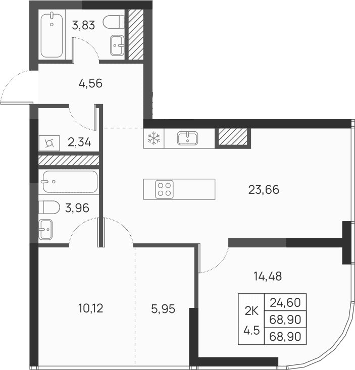 2-комн., 68.9 м²