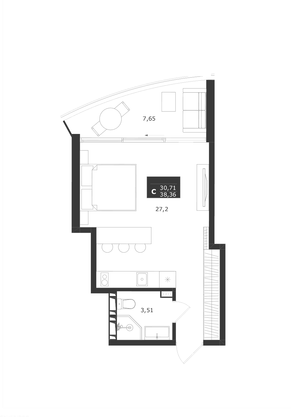 Студия, 30.71 м²
