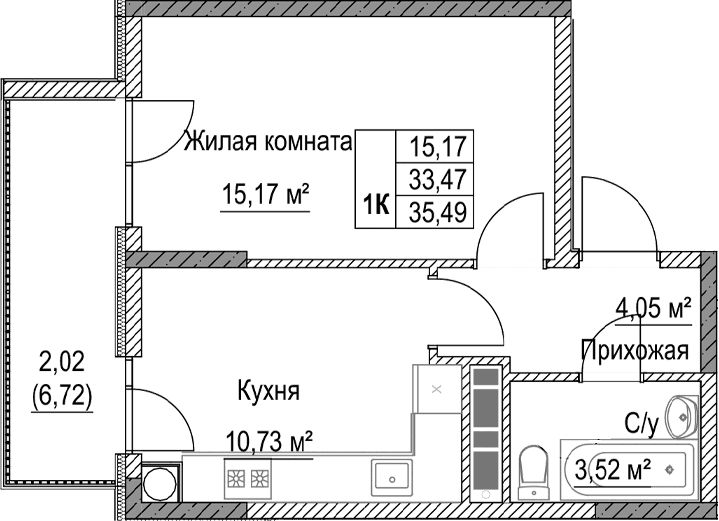 1-комн., 33.47 м²