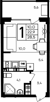 Студия, 22.9 м²