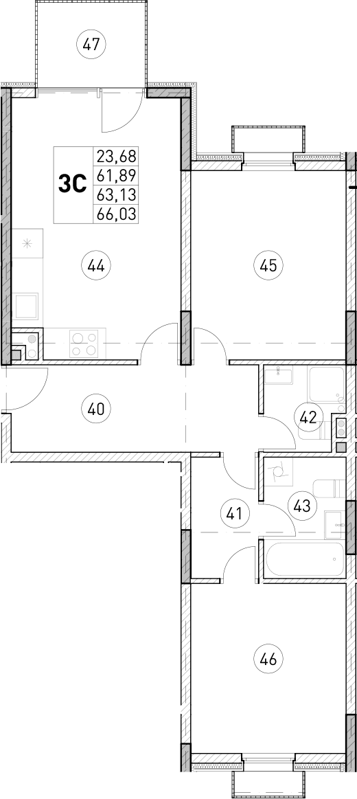 2-комн., 61.89 м²