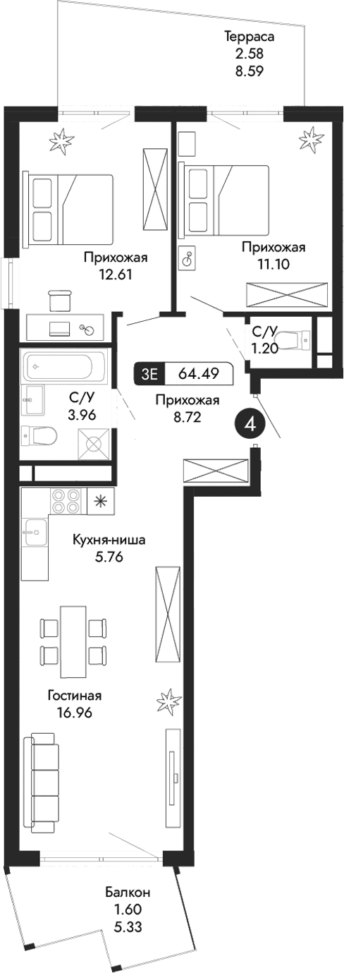 3-комн., 60.31 м²