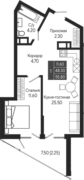 1-комн., 48.3 м²