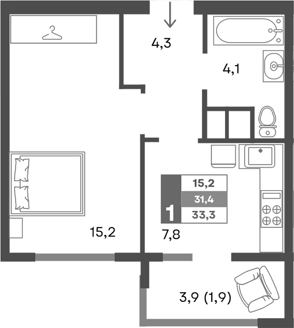 2-комн., 31.1 м²