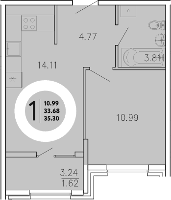 1-комн., 33.68 м²