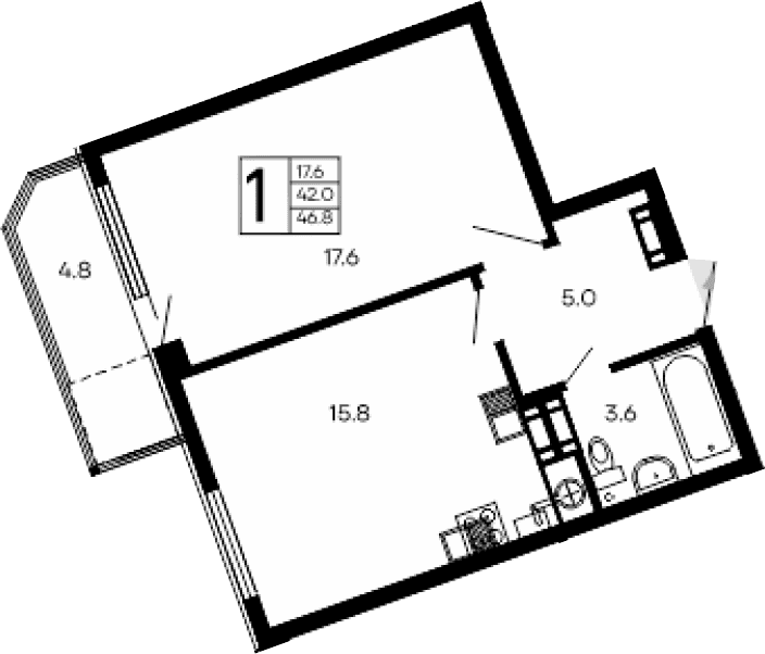 1-комн., 42 м²