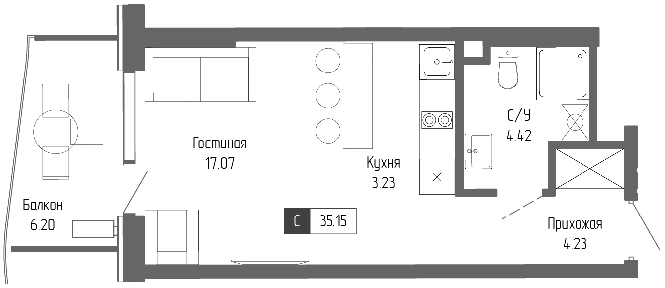 Студия, 28.95 м²