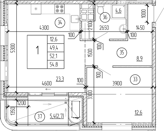 1-комн., 52.1 м²