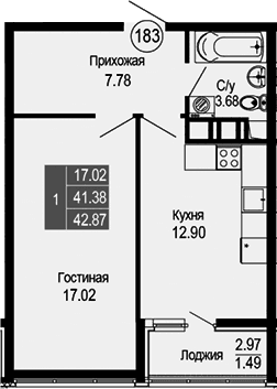 1-комн., 41.38 м²
