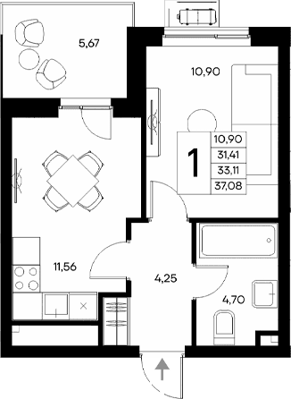 1-комн., 31.41 м²