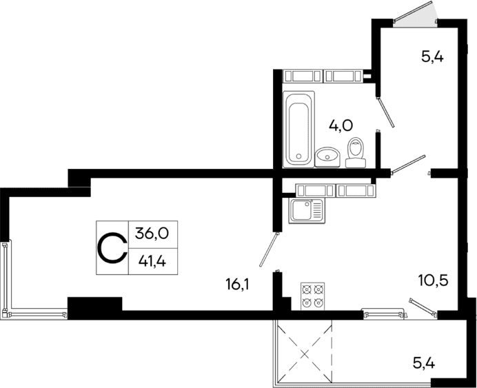 1-комн., 36 м²
