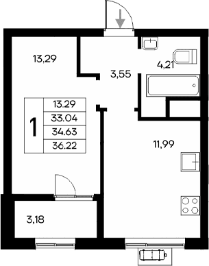 1-комн., 33.04 м²